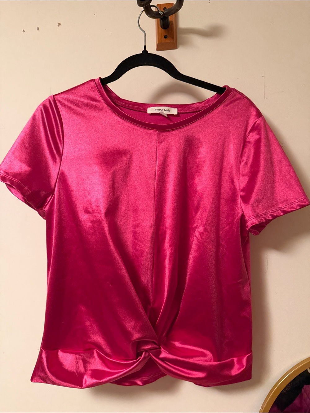 Satin Twist-Front Short Sleeve Top in Bright Pink